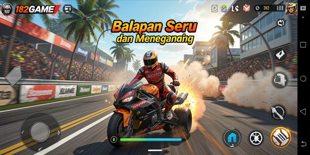 Screenshot utama 182GAME menampilkan aksi balapan yang mendebarkan.