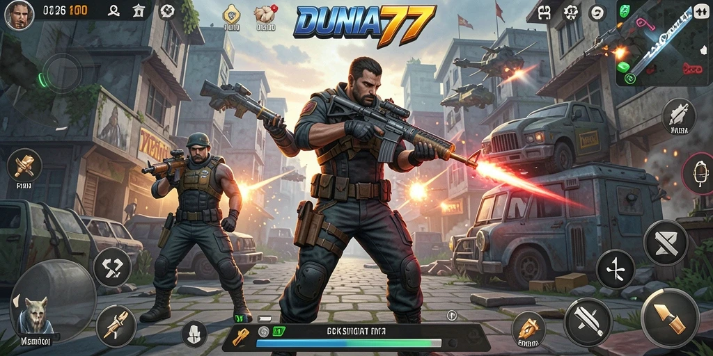 Screenshot gameplay DUNIA77 yang mendebarkan dalam aksi TPS.
