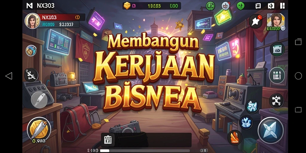 Screenshot gameplay NX303 menampilkan interaksi bisnis yang dinamis.