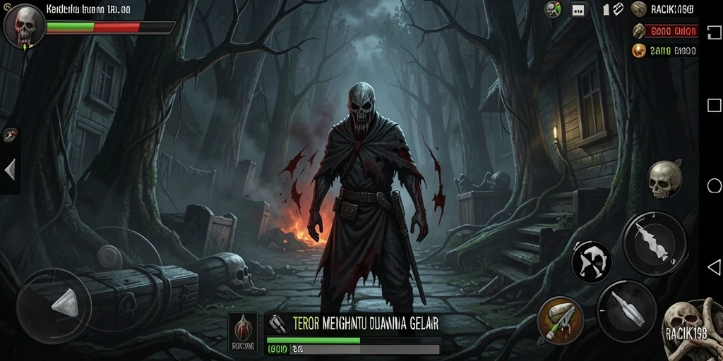 Tampilan menakutkan dari gameplay RACIK198 yang penuh dengan kegelapan.