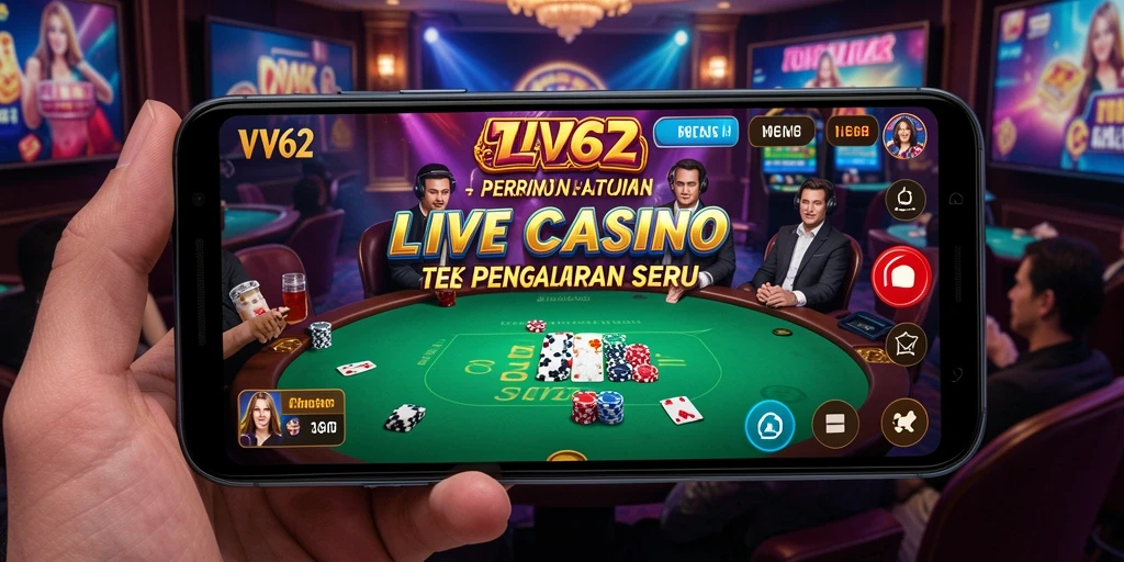 Screenshot gameplay VV62 dengan dealer profesional dan permainan Live Casino.